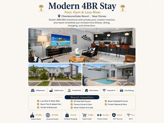 Modern 4BR Stay | Pool, Gym & Lazy River - Image 1